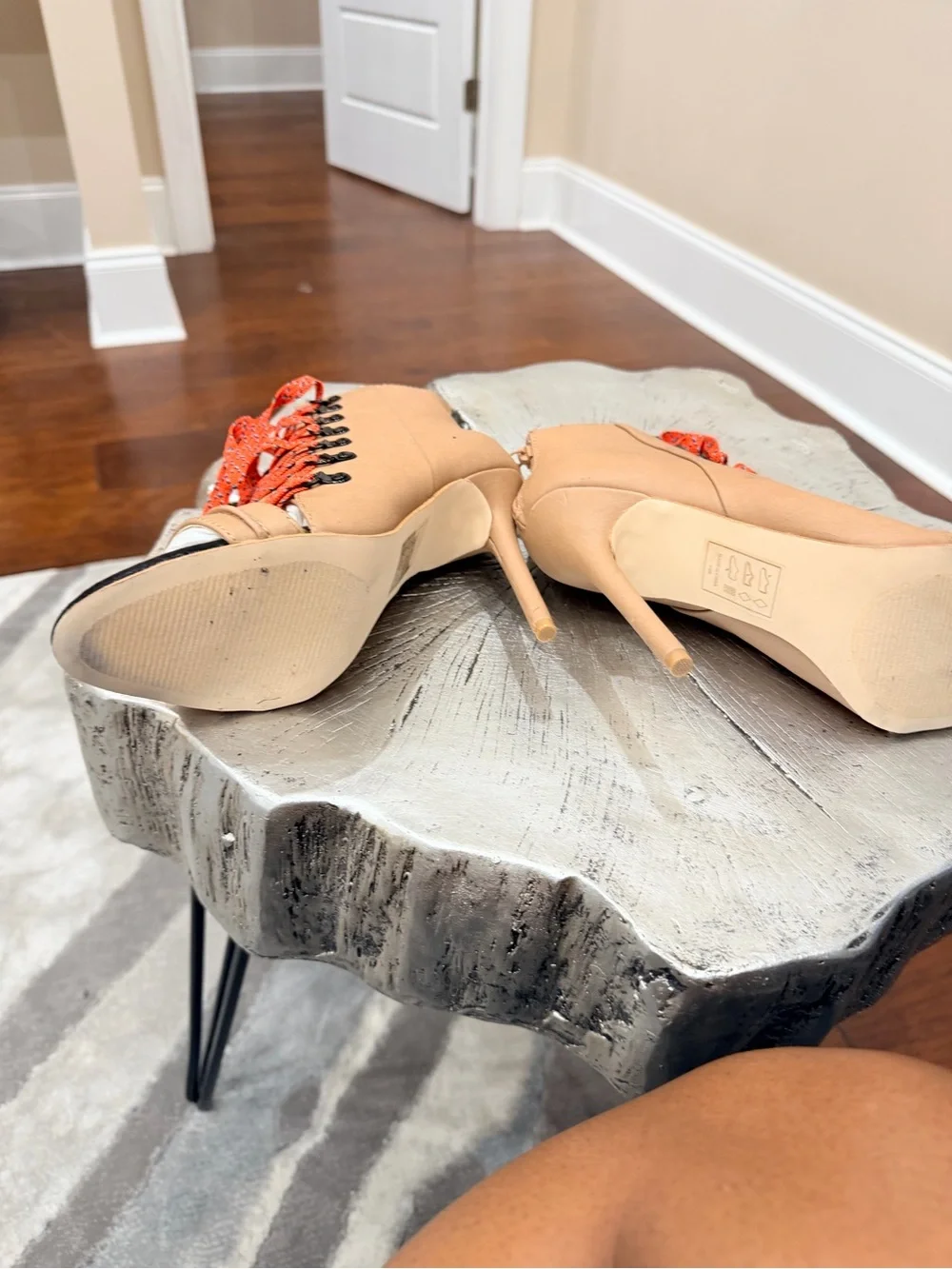 Women's Tan Lace-Up Open-Toe Heeled Sandals with Orange Laces